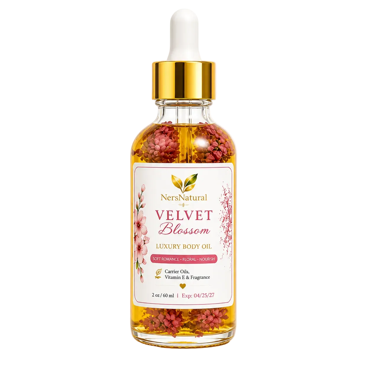Bottle of NersNatural Velvet Blossom Luxury Body Oil with a dropper on a white background